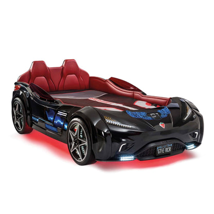 GTS EV Twin-Size Race Car Bed, Remote Control, LED Lights, EV Sound FX, Vegan Leather Interior, License Plate