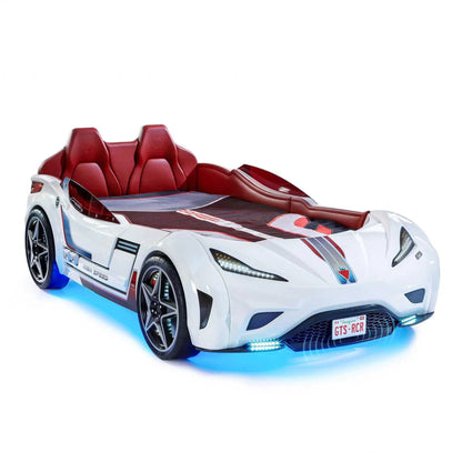 GTS EV White Twin-Size Race Car Bed, Remote Control, LED Lights, EV Sound FX, Vegan Leather Interior, License Plate