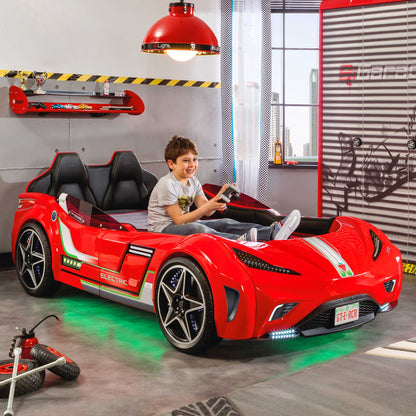 GTS EV Red Twin-Size Race Car Bed, Remote Control, LED Lights, EV Sound FX, Vegan Leather Interior, License Plate