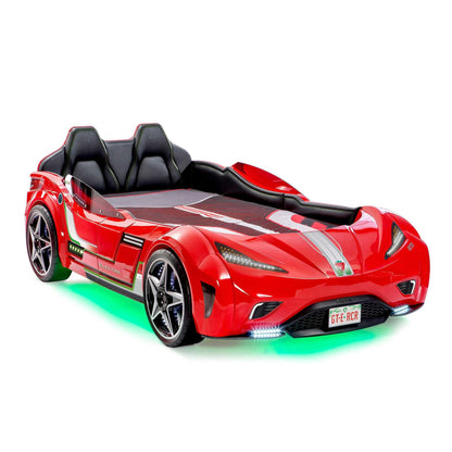 GTS EV Red Twin-Size Race Car Bed, Remote Control, LED Lights, EV Sound FX, Vegan Leather Interior, License Plate