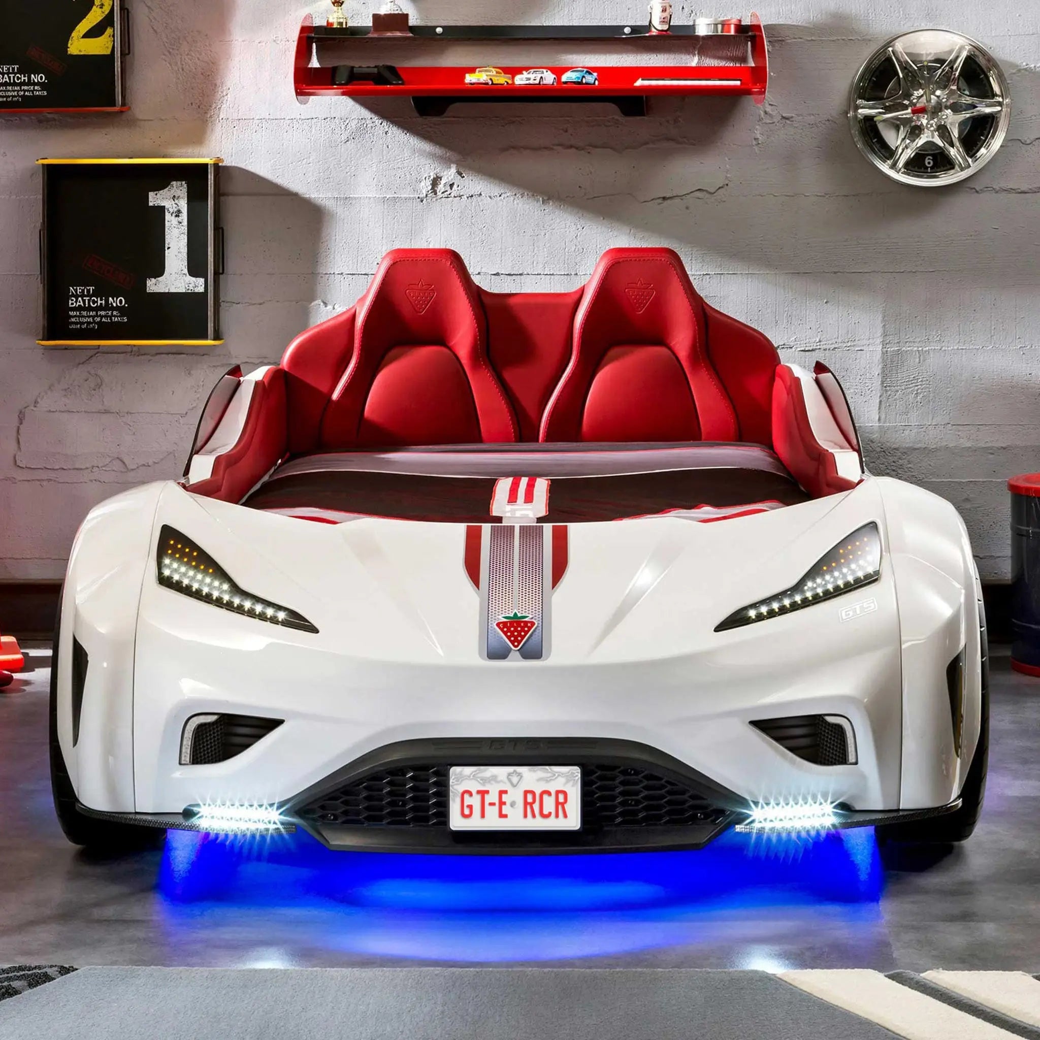 GTS EV White Twin-Size Race Car Bed, Remote Control, LED Lights, EV Sound FX, Vegan Leather Interior, License Plate