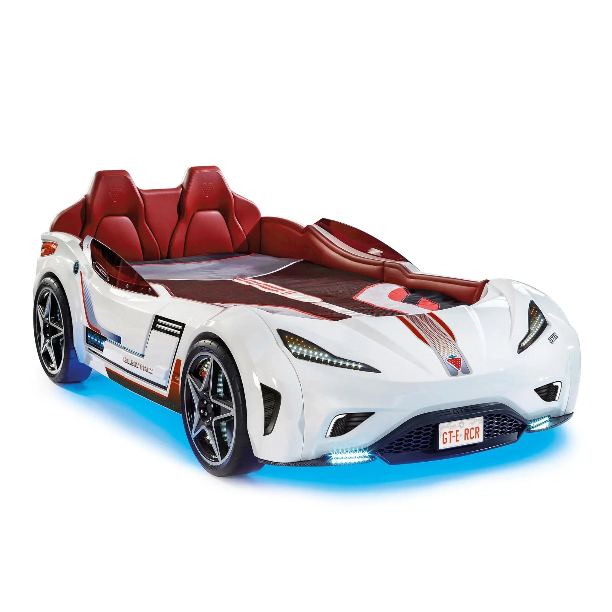 GTS EV White Twin-Size Race Car Bed, Remote Control, LED Lights, EV Sound FX, Vegan Leather Interior, License Plate