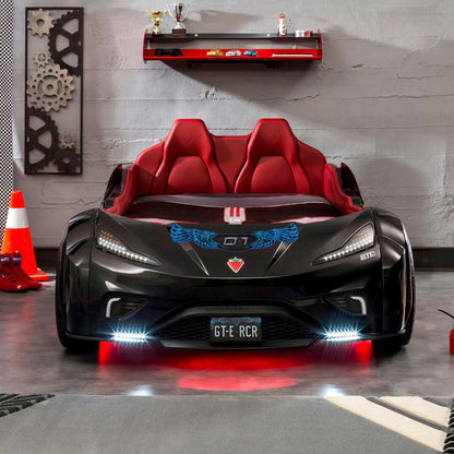 GTS EV Black Twin-Size Race Car Bed, Remote Control, LED Lights, EV Sound FX, Vegan Leather Interior, License Plate