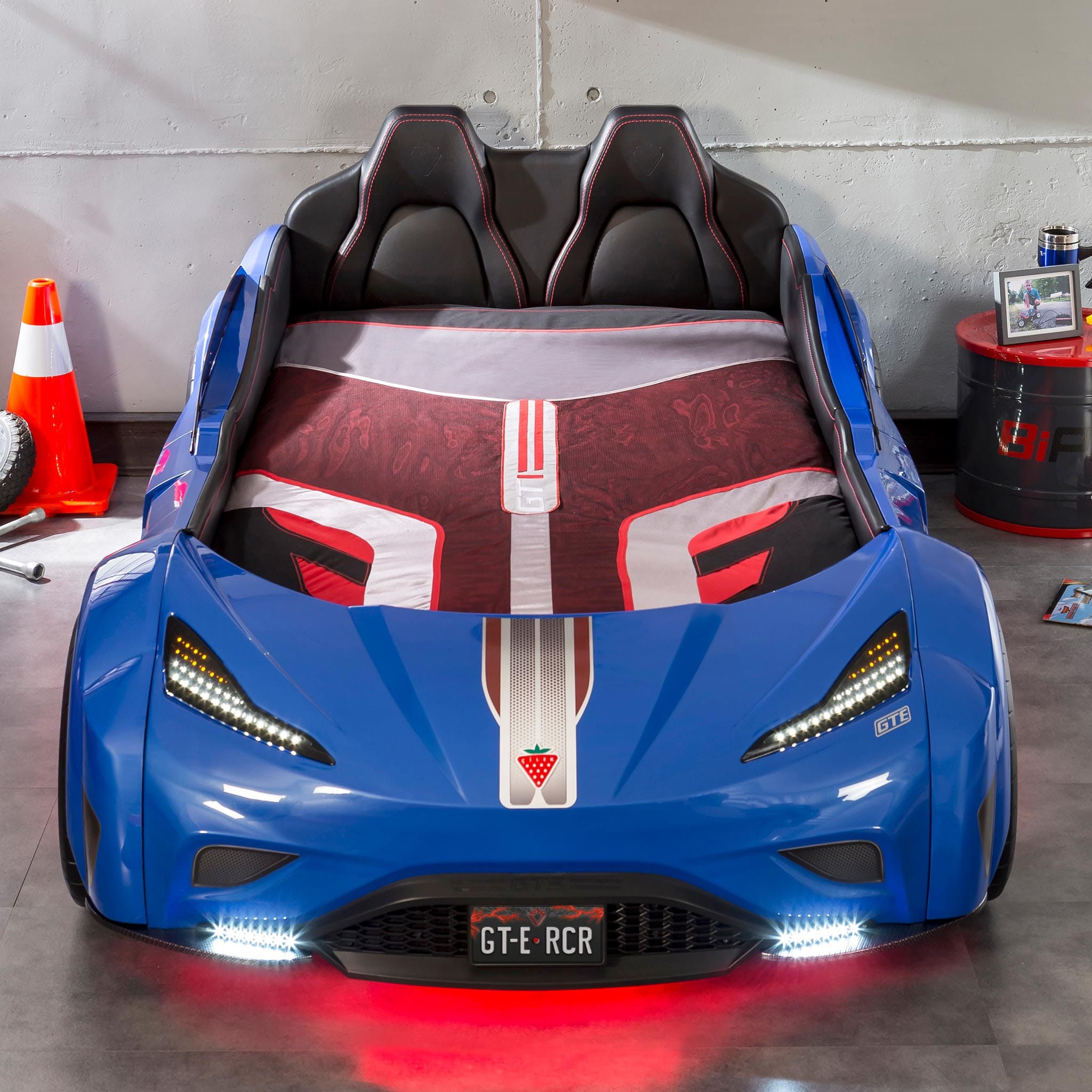 GTS Blue Twin-Size Race Car Bed, Remote Control, LED Lights, EV Sound FX, Vegan Leather Interior, License Plate