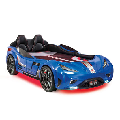 GTS Blue Twin-Size Race Car Bed, Remote Control, LED Lights, EV Sound FX, Vegan Leather Interior, License Plate