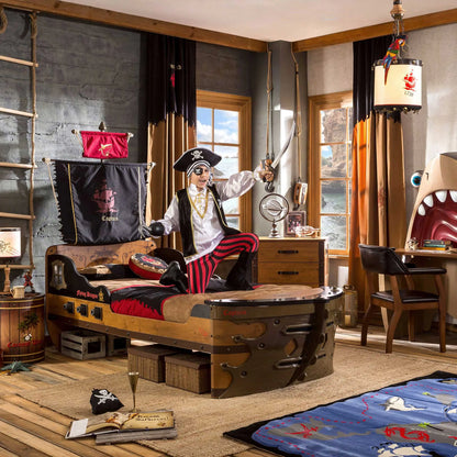 Pirate Twin-Size Captain's Ship Bed with Sails and Deck