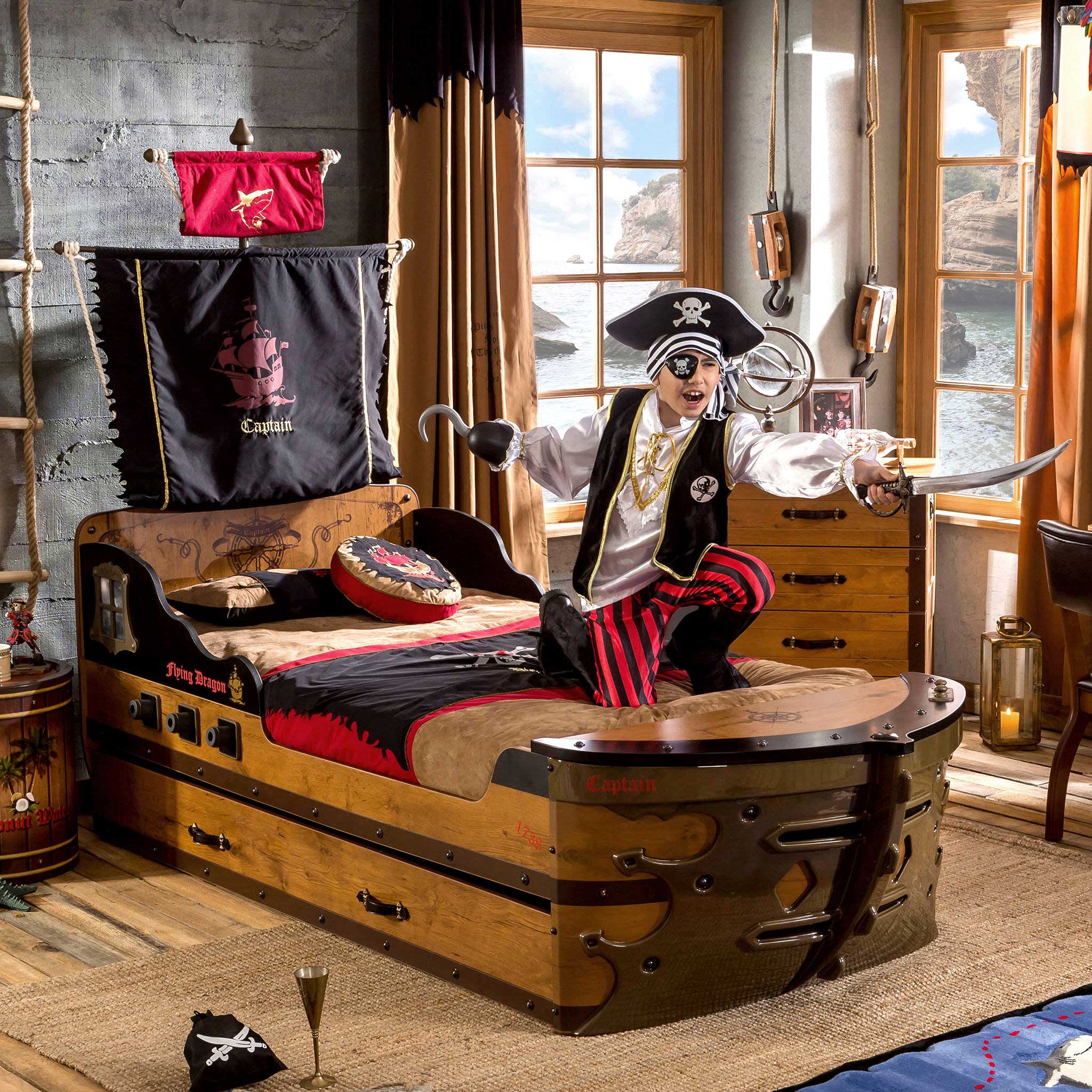 Pirate Twin-Size Captain's Ship Bed with Sails and Deck and Trundle Storage Bed