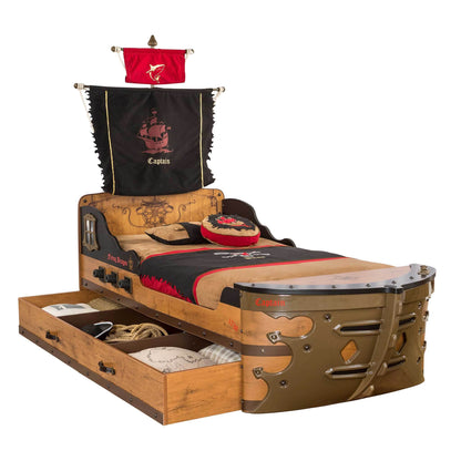 Pirate Twin-Size Captain's Ship Bed with Sails and Deck and Trundle Storage Bed