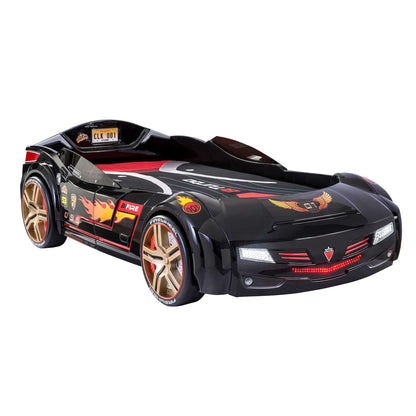 BiTurbo Twin-Size Race Car Bed - Black, Remote Control, LED Lights, Sound FX, License Plate