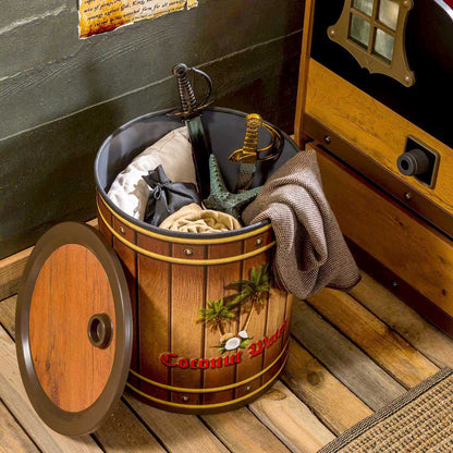 Pirate Coconut Barrel Metal Nightstand and Toy Box with Plastic Lid